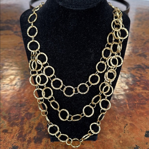 Jewelry - Elegant Hammered Gold Tone Circle Chain 3 Strand Necklace 15” Length